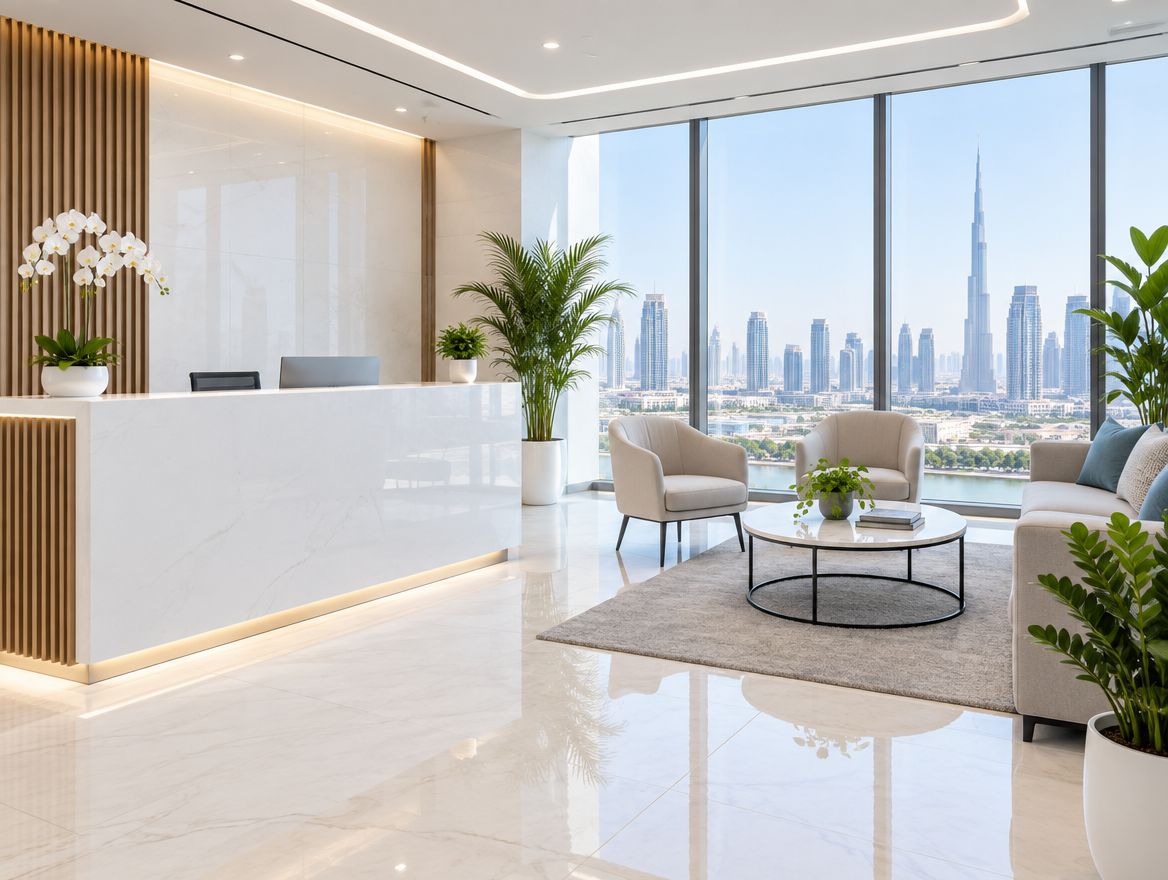 The reception desk of a modern office in Business Bay