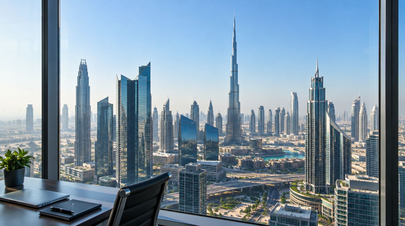 The Dubai skyline over Business Bay at dusk